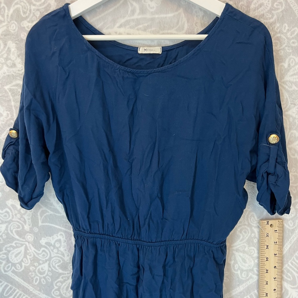 EVERLY NAVY BLUE VAGUELY NAUTICAL DRESS SO CUTE BOATING DRESSY CASUAL GOLD M EUC
